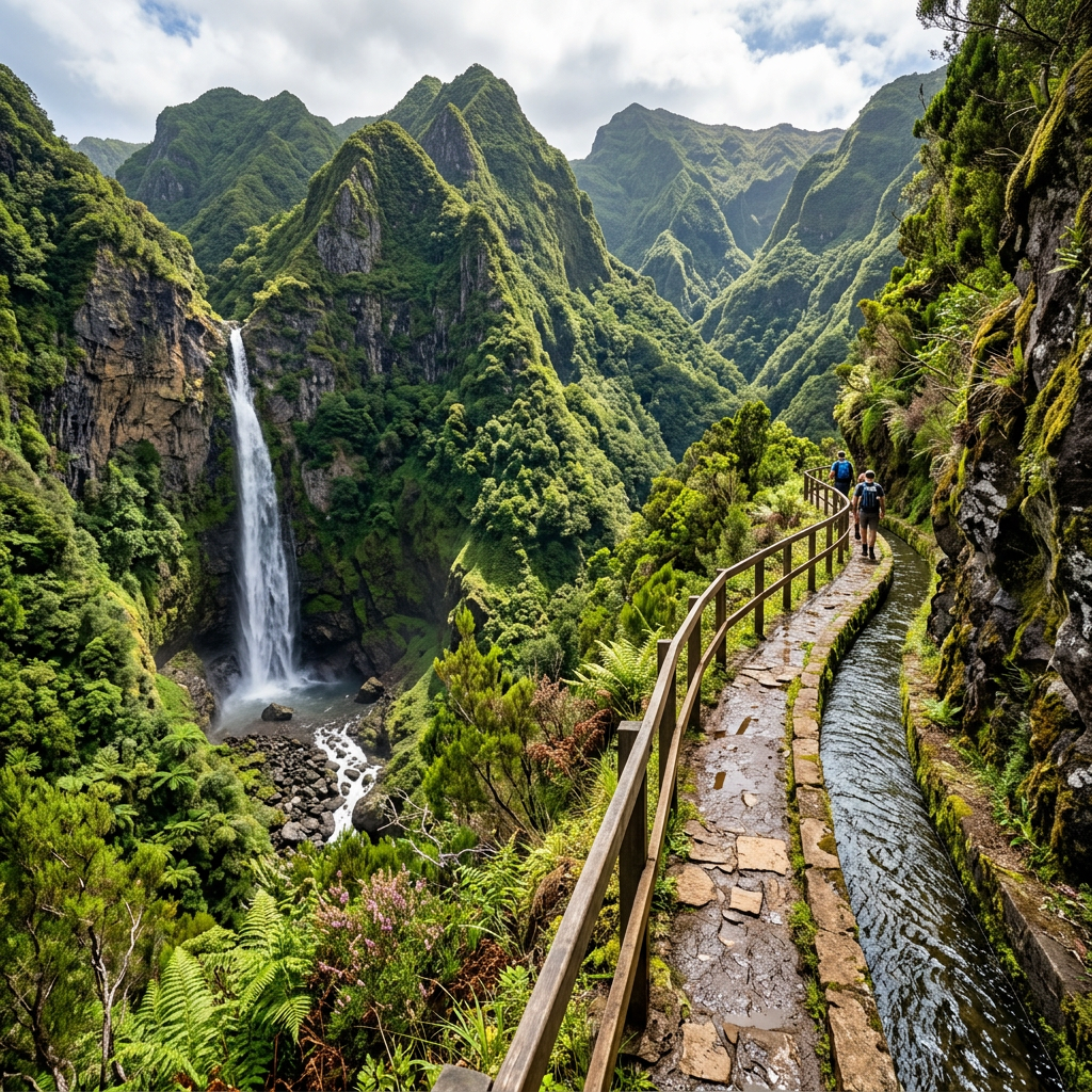 Two hikers walking on a narrow stone path with railing next to a flowing water channel and lush green mountainous landscape with a waterfall